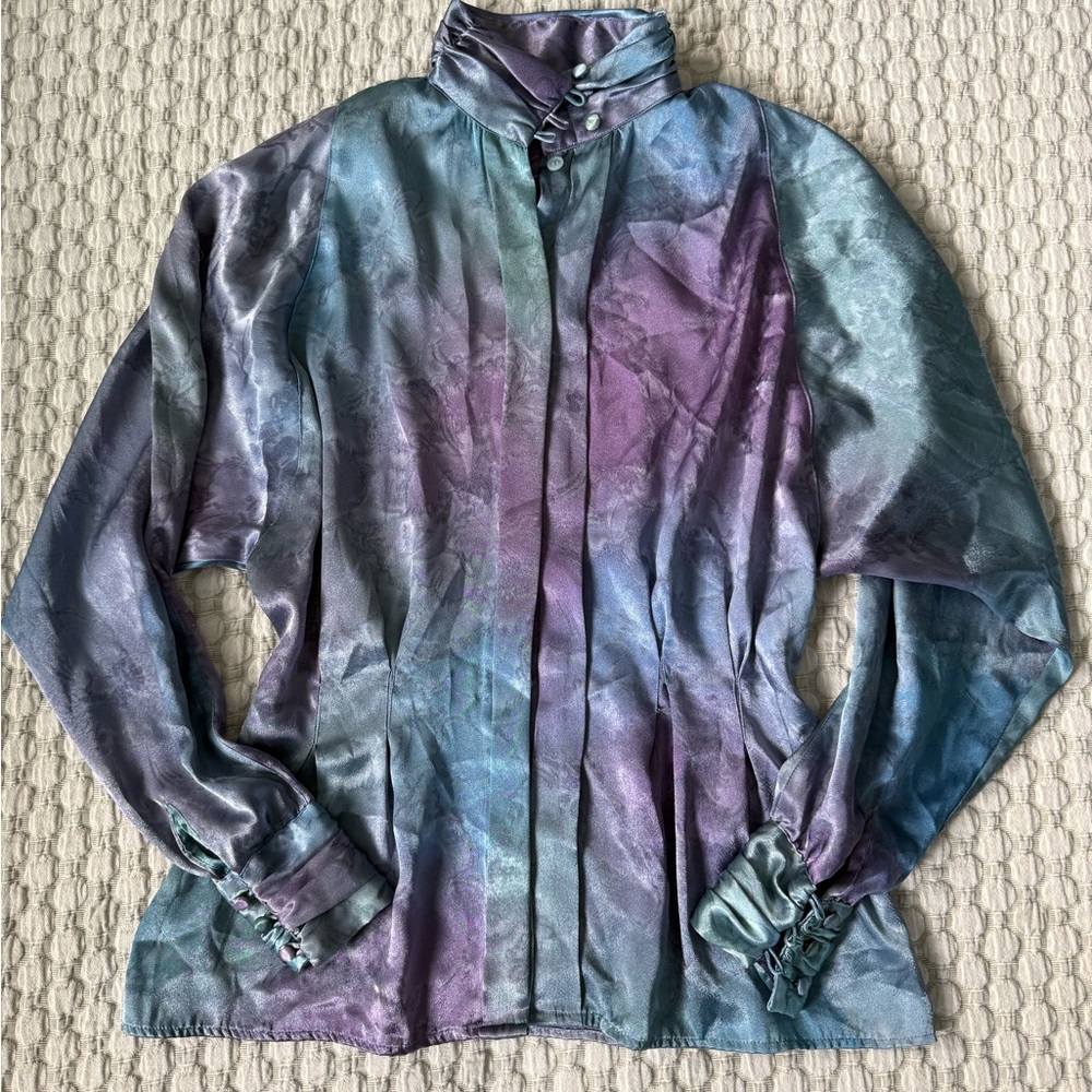 Vintage 80s Elegance New Wave Gradient Blue & Purple Women's Blouse